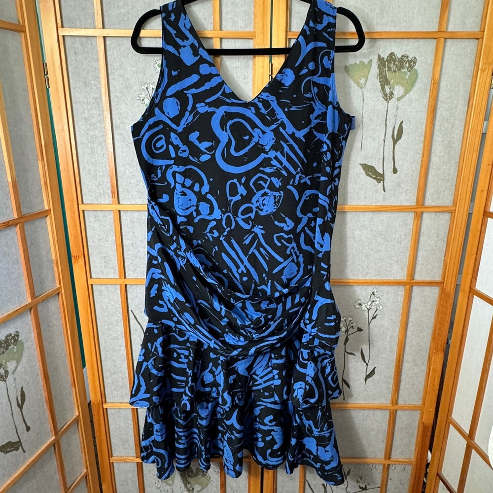Vintage Highway 80s Drop Waist Ruffle Dress Blue Black Abstract Graphic M